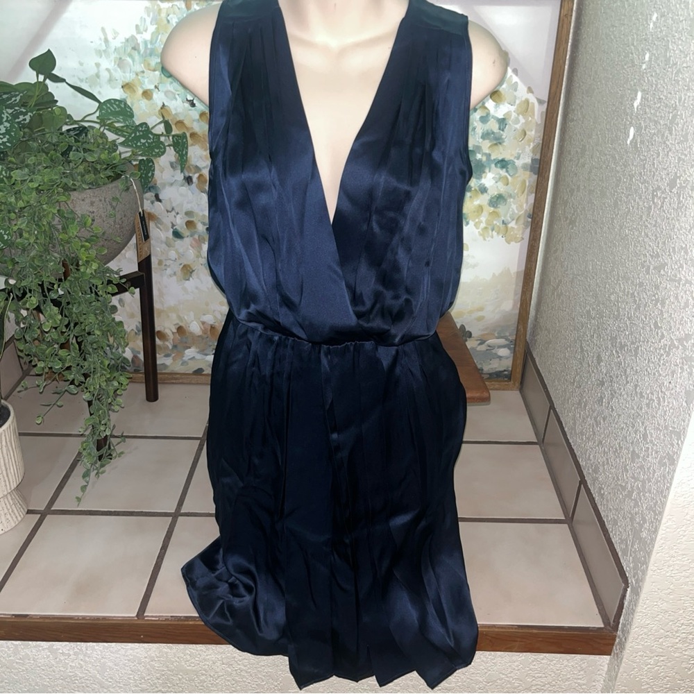 Amanda Uprichard Deep Navy Silk Sleeveless V-Neck Midi Dress. Pleated Faux Wrap.